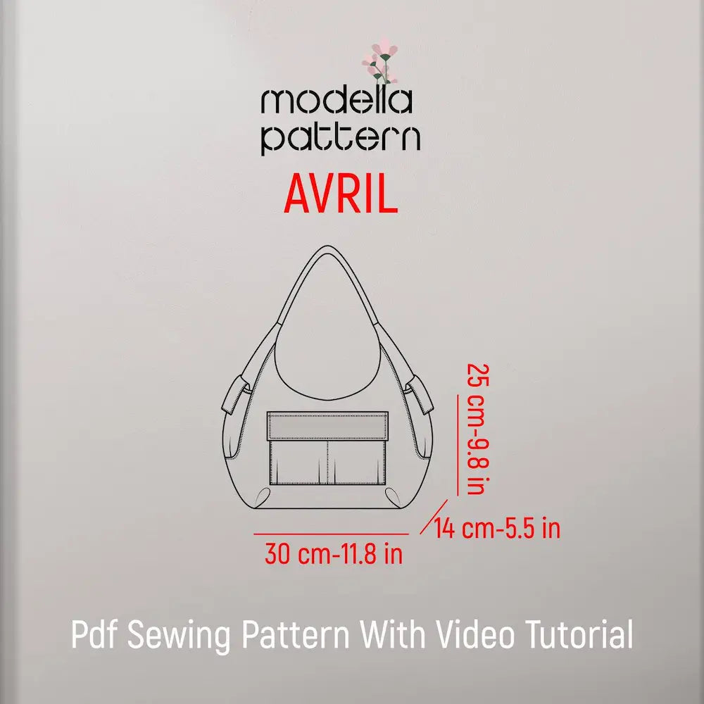 AVRIL Bag Dikiş Kalıbı PDF, Tok Kumaş ve Suni Deri Yarım Ay Omuz Çantası Kalıbı, Pileli Ön Cepli Fonksiyonel Çanta Yapımı