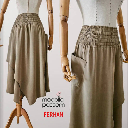 Ferhan Asymmetric Skirt Sewing Pattern PDF (S–XL) | Elastic Waist Skirt