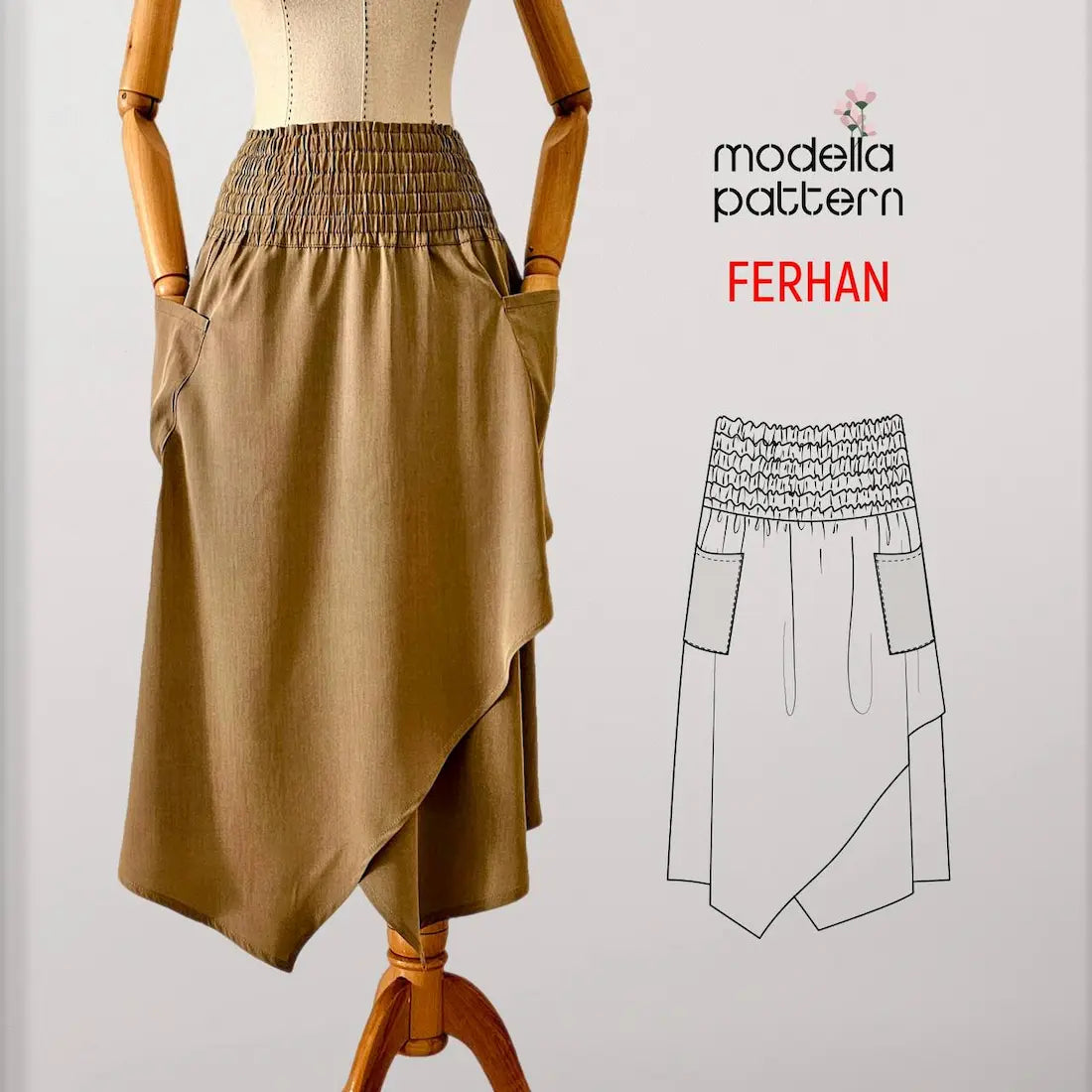 Ferhan Asymmetric Skirt Sewing Pattern PDF (S–XL) | Elastic Waist Skirt