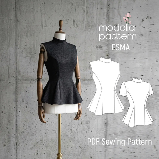 Esma Peplum Top Sewing Pattern PDF | Sizes EU XS-4XL | Stretch Knit Fitted Top with Mock Neck