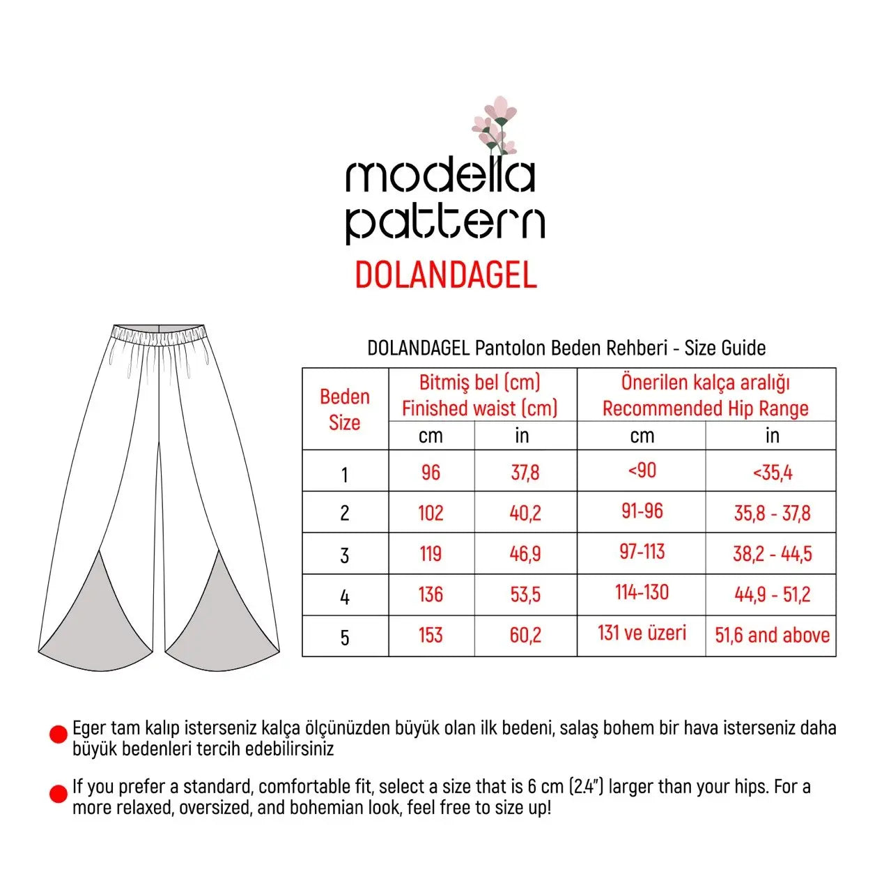 DOLANDAGEL Pantolon Dijital Dikiş Kalıbı | Bol Paça Yazlık Sarma Pantolon PDF Kalıp | 1-5 Beden | Video Eğitimli Başlangıç Seviyesi