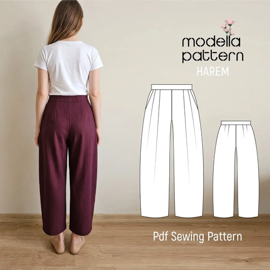 Harem Pants PDF Sewing Pattern – Pleated Wide-Leg Trousers with Side Pockets & Hidden Zipper (Sizes 36–44)