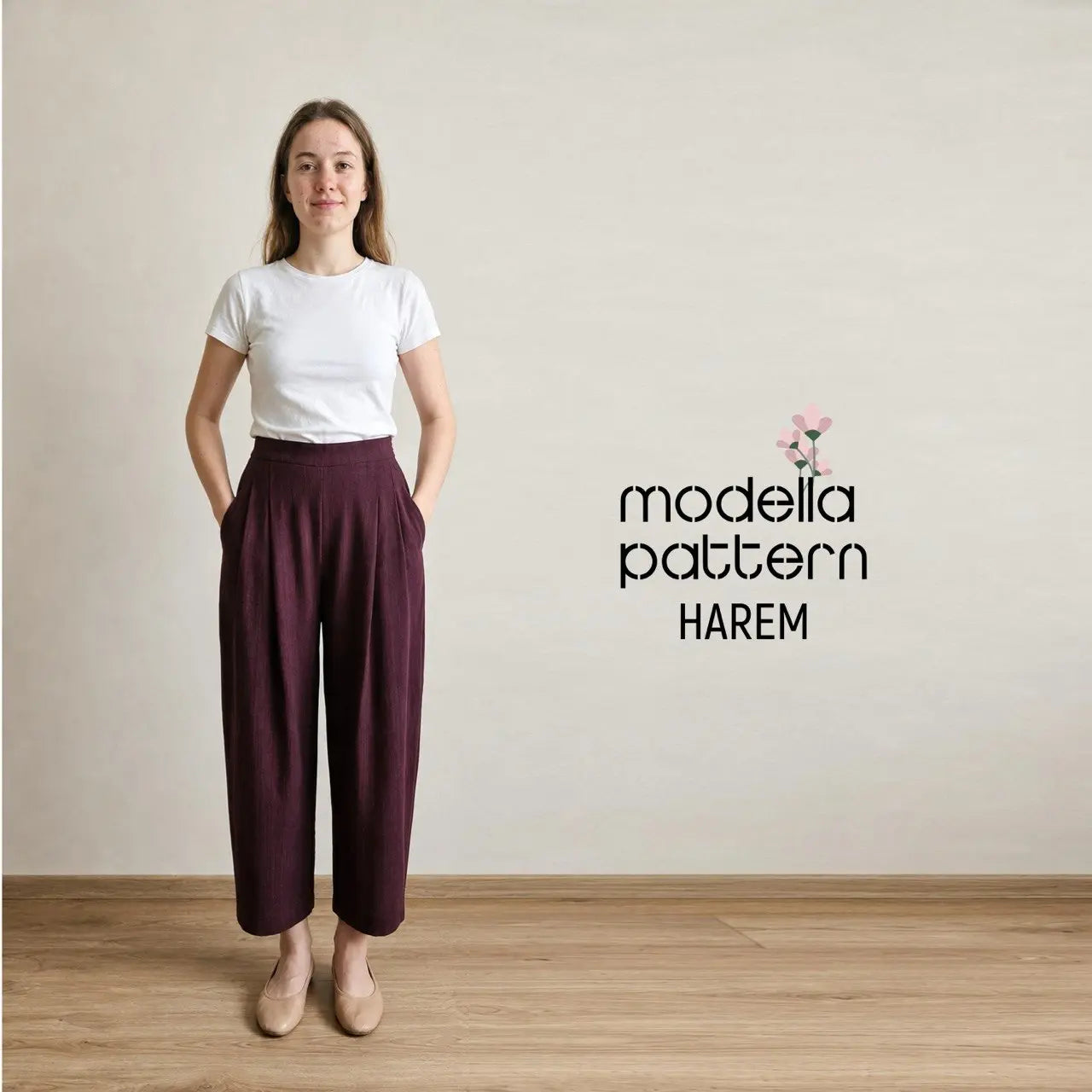 Harem Pants PDF Sewing Pattern – Pleated Wide-Leg Trousers with Side Pockets & Hidden Zipper (Sizes 36–44)