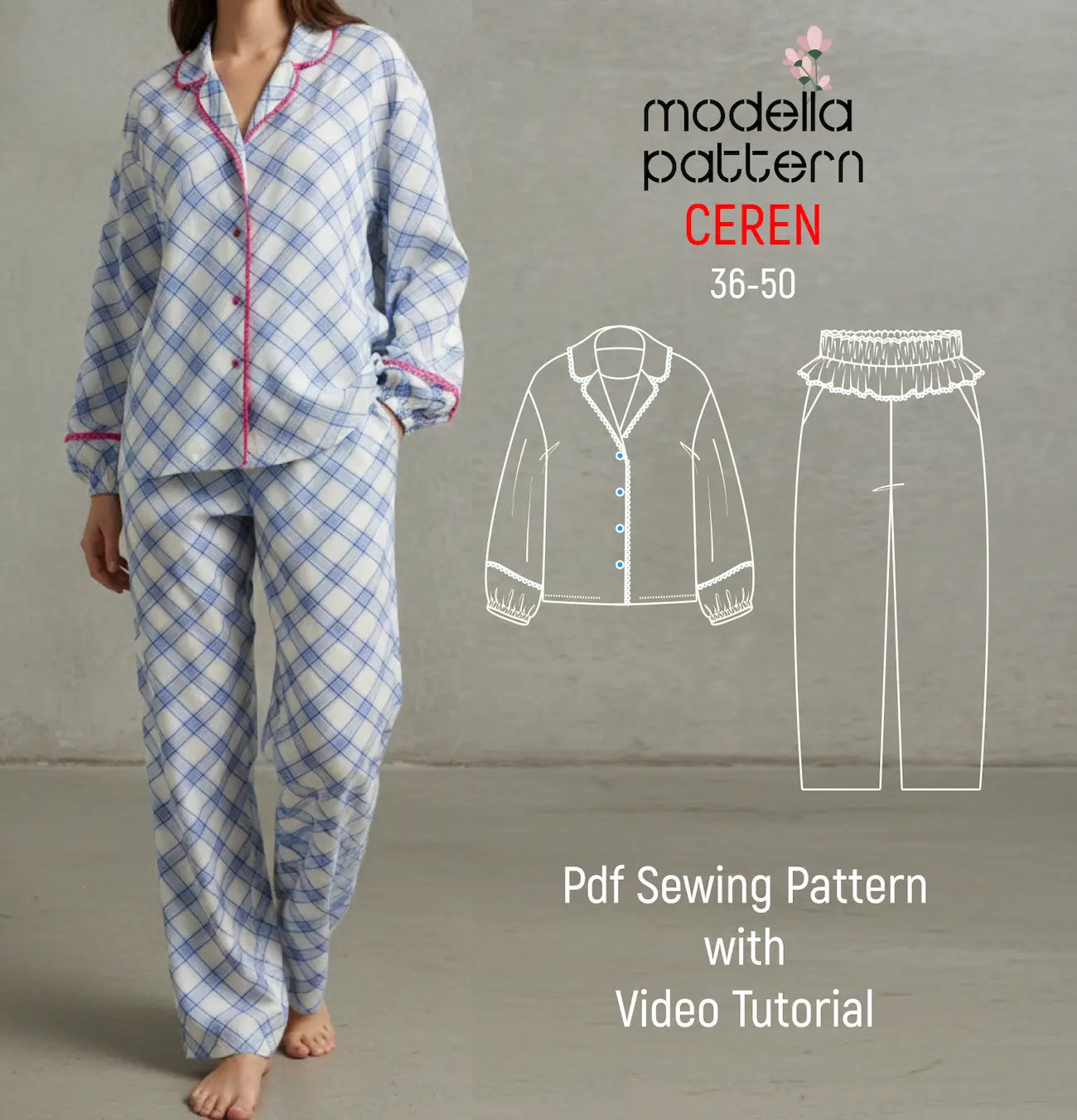 Pj Check Pattern CEREN Pajama Top Sewing Pattern – PDF Download- 36-50 – Modella Pattern