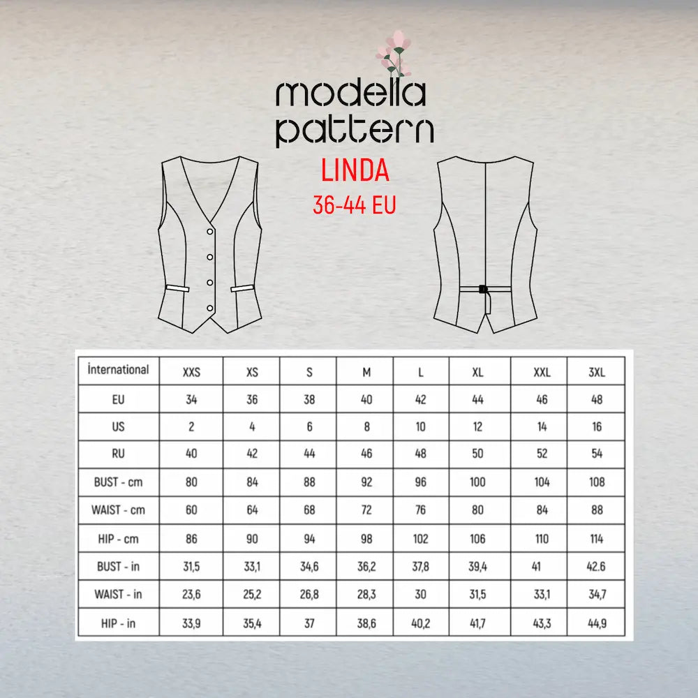 Linda Yelek Dikiş Kalıbı | Kadınlar İçin Düğmeli Yelek PDF | Gabardin Keten Yün