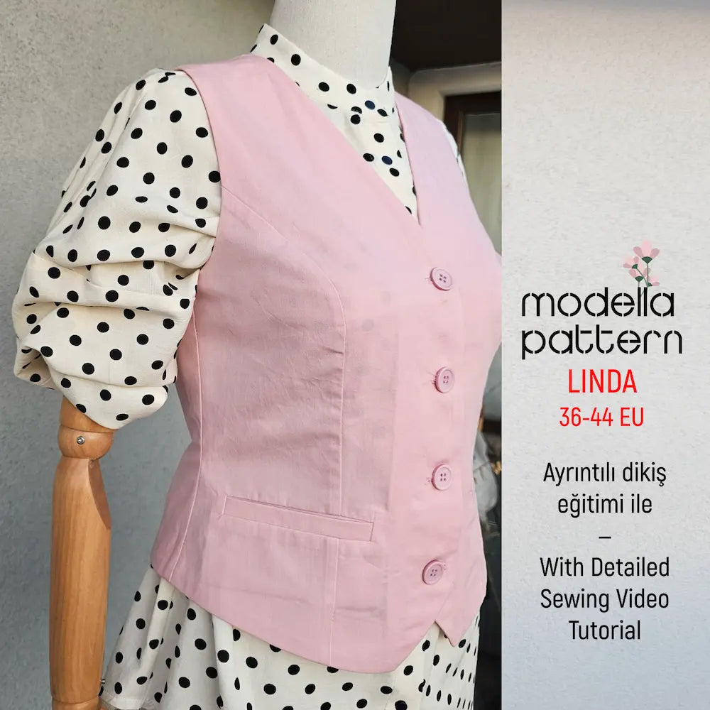 Linda Yelek Dikiş Kalıbı | Kadınlar İçin Düğmeli Yelek PDF | Gabardin Keten Yün