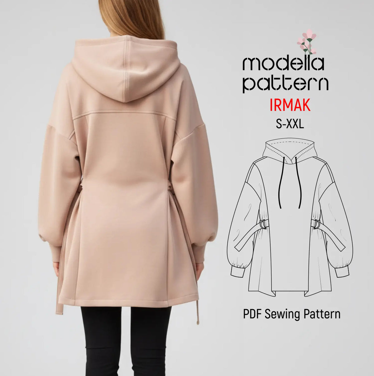 Patterns Modella IRMAK Drawstring Side Hoodie Sewing Pattern (S–XXL) – Modella Pattern