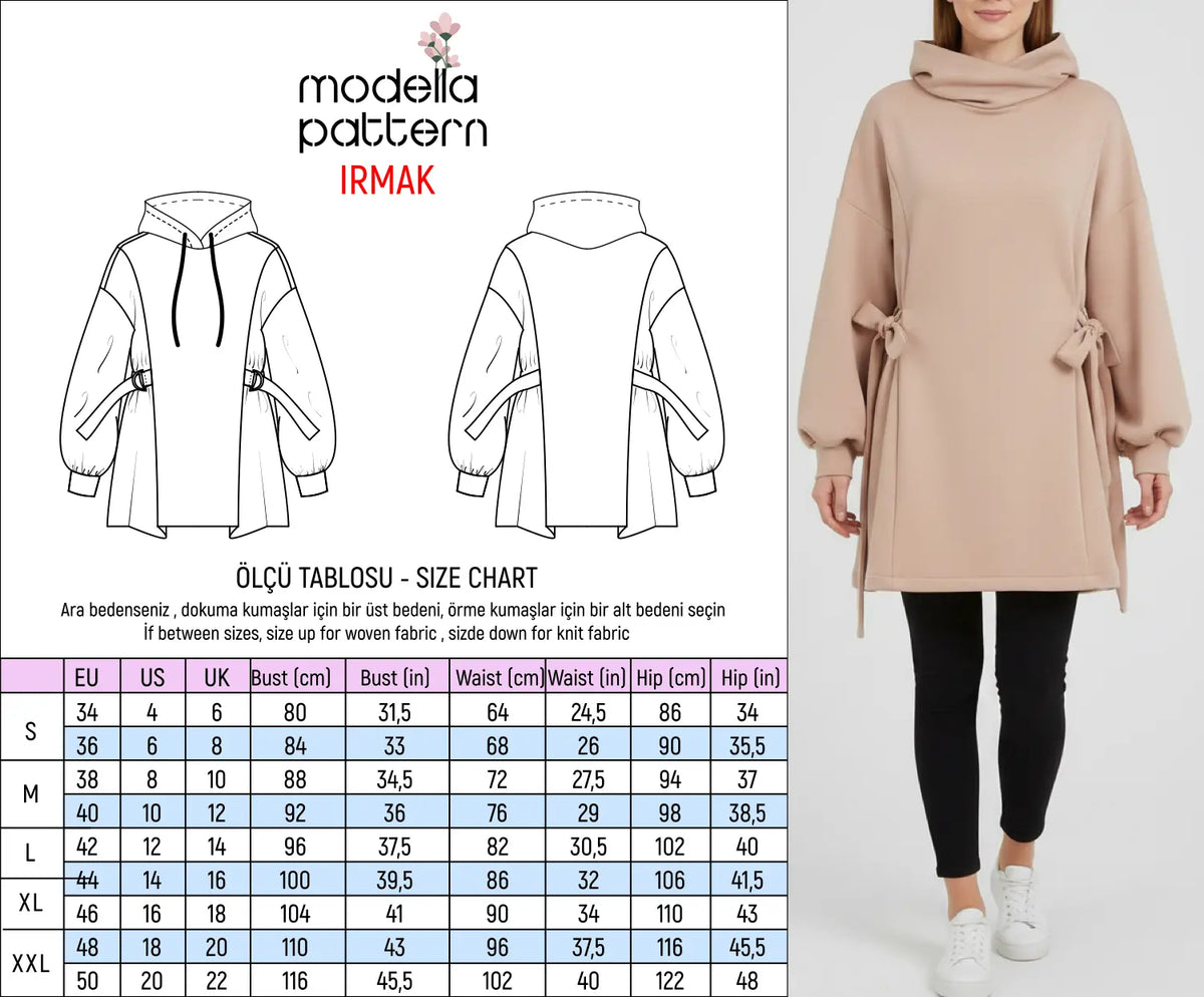 Patterns Modella IRMAK Drawstring Side Hoodie Sewing Pattern (S–XXL) – Modella Pattern