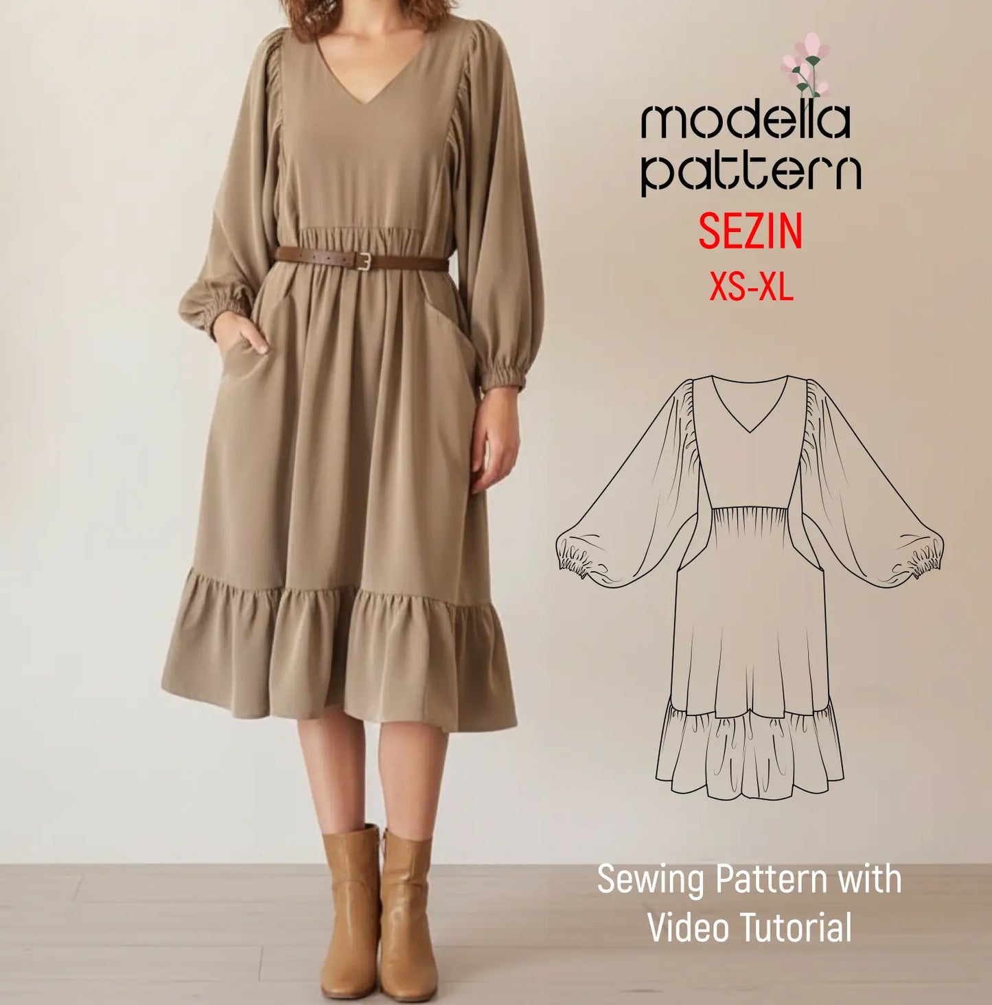 Sezin Hacimli Balon Kol & Fırfır Detaylı Maxi Elbise Dijital Dikiş Kalıbı (XS-XL)