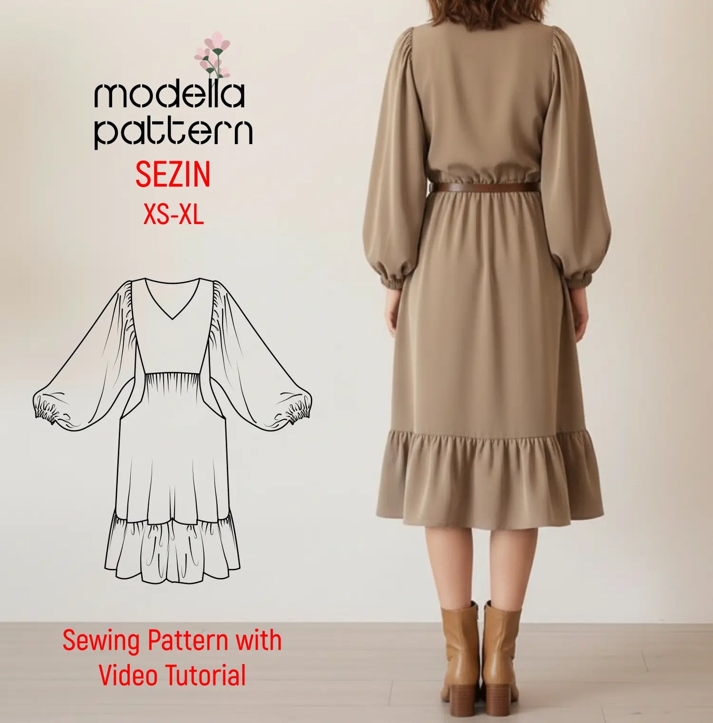 Sezin Hacimli Balon Kol & Fırfır Detaylı Maxi Elbise Dijital Dikiş Kalıbı (XS-XL)