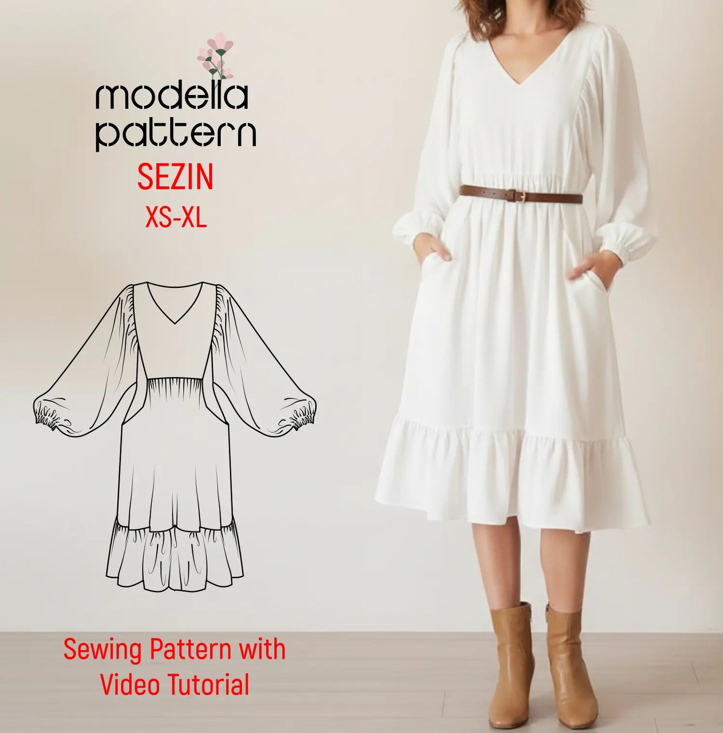 Sezin Hacimli Balon Kol & Fırfır Detaylı Maxi Elbise Dijital Dikiş Kalıbı (XS-XL)