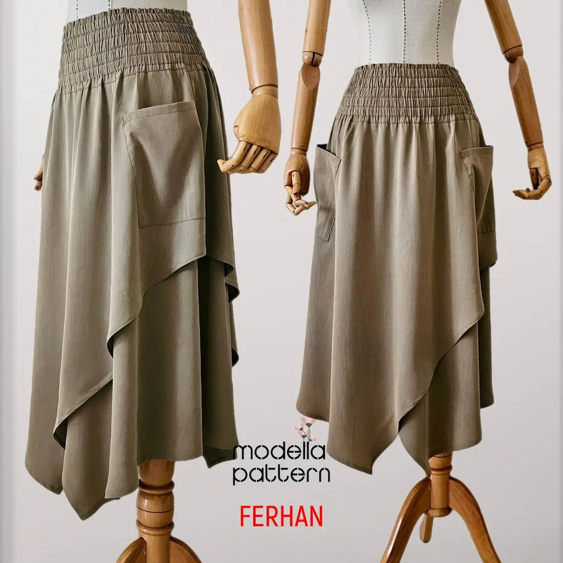 Ferhan Asymmetric Skirt Sewing Pattern PDF (S–XL) | Elastic Waist Skirt