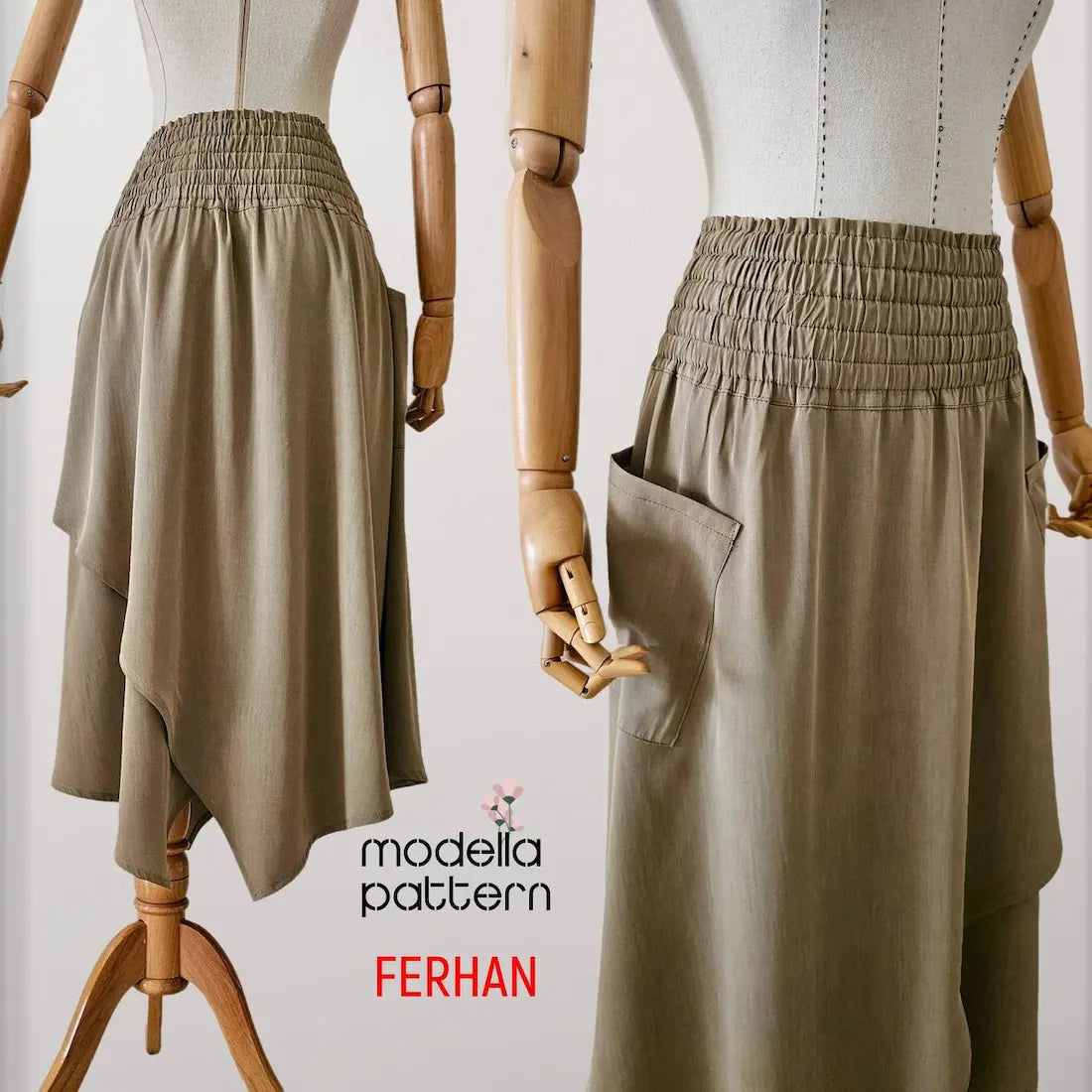 Ferhan Asymmetric Skirt Sewing Pattern PDF (S–XL) | Elastic Waist Skirt