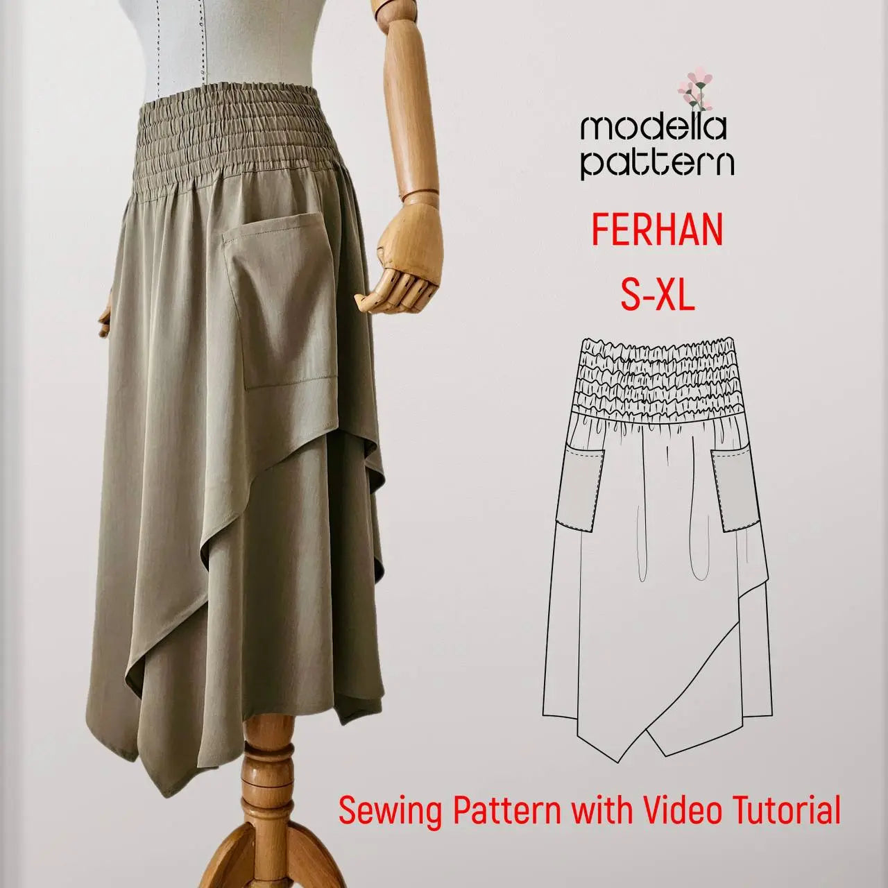 Ferhan Asymmetric Skirt Sewing Pattern PDF (S–XL) | Elastic Waist Skirt