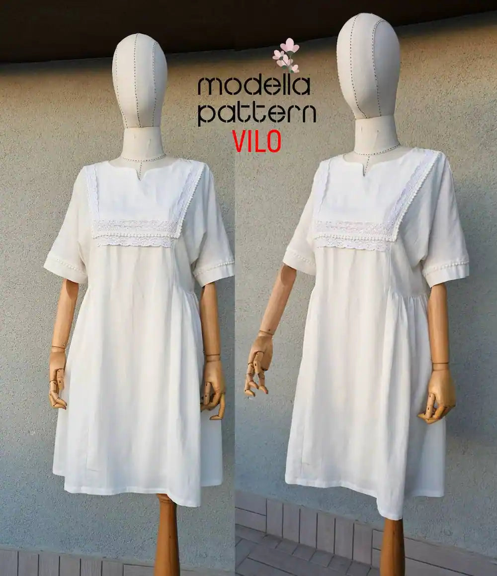 VILO Dress Sewing Pattern PDF, Lined Summer Bohemian Mini Dress, Romantic Lace Detail Shift Dress, Sizes 1-2-3 (EU 38-48)
