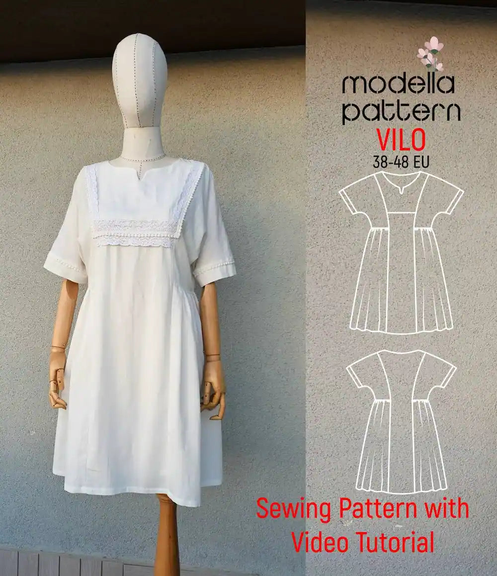 VILO Dress Sewing Pattern PDF, Lined Summer Bohemian Mini Dress, Romantic Lace Detail Shift Dress, Sizes 1-2-3 (EU 38-48)