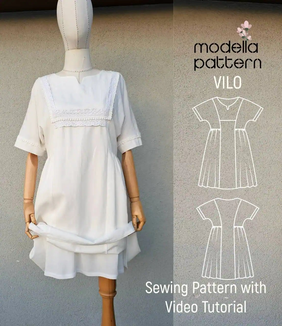 VILO Dress Sewing Pattern PDF, Lined Summer Bohemian Mini Dress, Romantic Lace Detail Shift Dress, Sizes 1-2-3 (EU 38-48)