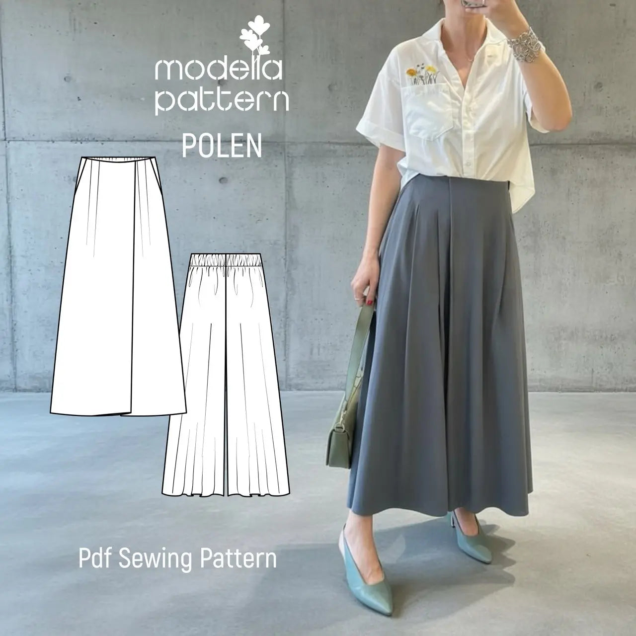 Polen etek-pantolon PDF dikiş kalıbı kapağı. Model fotoğrafı ve her beden için ayrı ayrı çizilmiş teknik ön ve arka detay çizimleri.