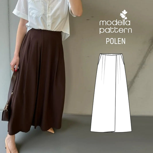 Polen Faux Wrap Culottes PDF Sewing Pattern by Modella Pattern. Model wearing grey wide-leg trousers with a skirt-look and white shirt. Includes technical flat sketches.