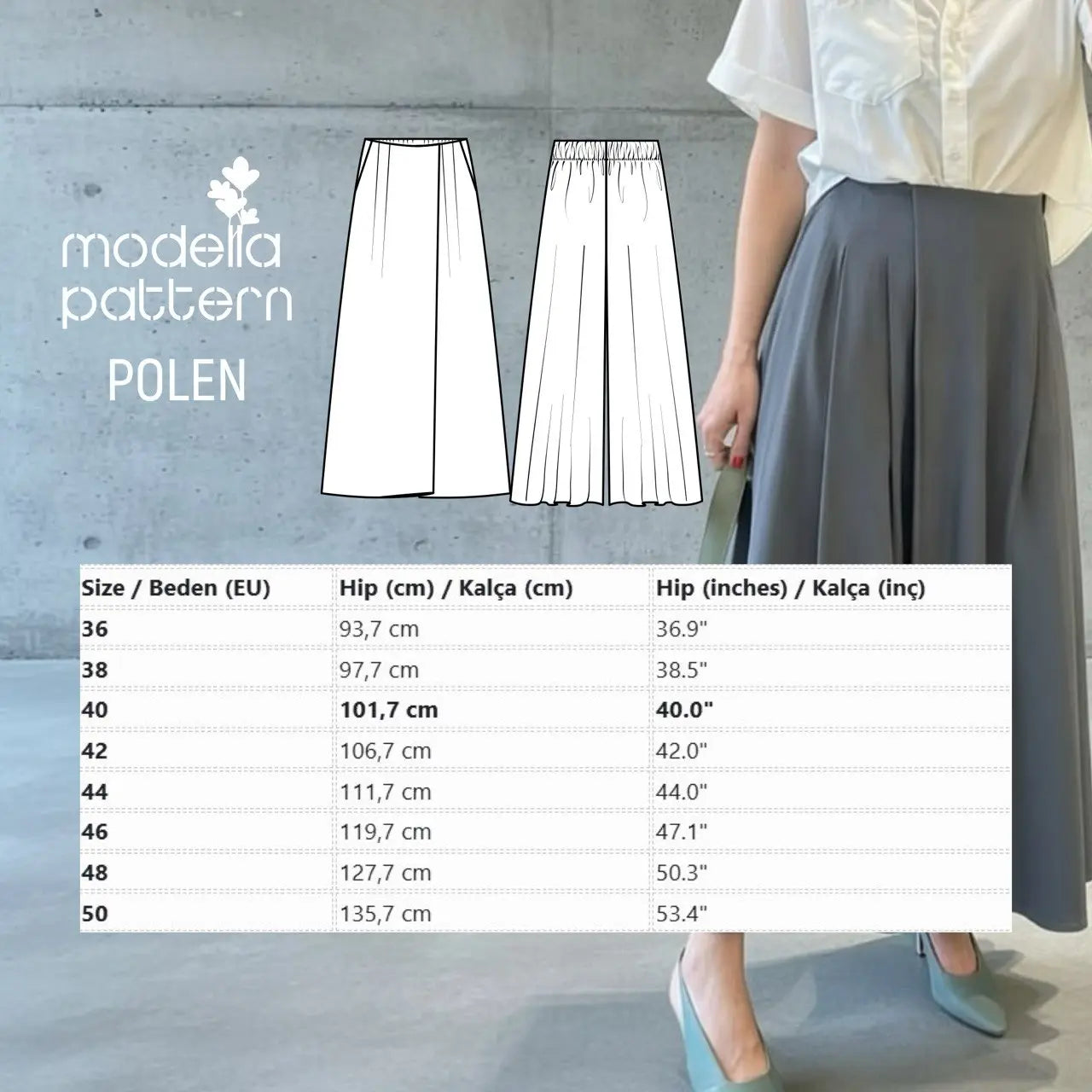 Modella Pattern Polen Etek Görünümlü Pantolon Dikiş Kalıbı PDF. Model üzerinde gri culottes pantolon ve beyaz gömlek. Yanında ürünün teknik çizimi (önü kapaklı, arkası lastikli).