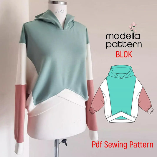 Blok Color Block Sweatshirt Sewing Pattern PDF | Sizes XS-XL | Knit Fabric Top with Contrast Hem Band