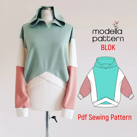 Blok Color Block Sweatshirt Sewing Pattern PDF | Sizes XS-XL | Knit Fabric Top with Contrast Hem Band