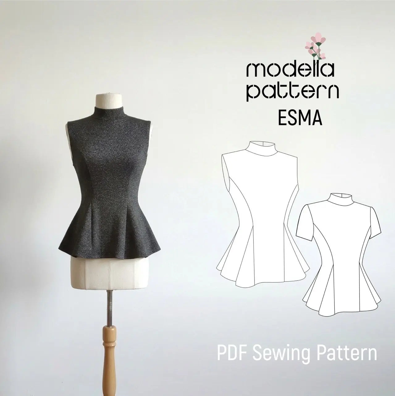Esma Peplum Top Sewing Pattern PDF | Sizes EU XS-4XL | Stretch Knit Fitted Top with Mock Neck