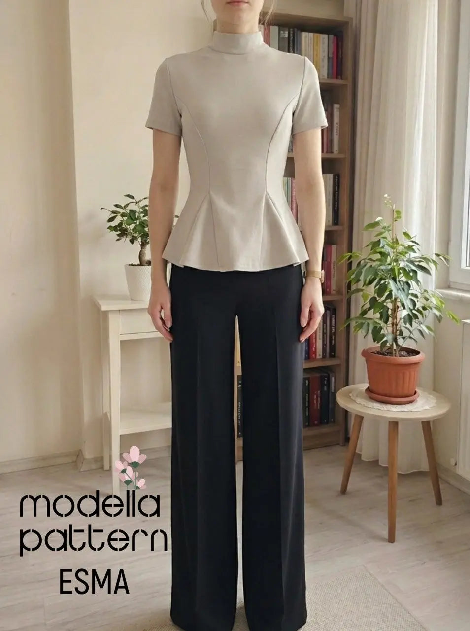 Esma Peplum Top Sewing Pattern PDF | Sizes EU XS-4XL | Stretch Knit Fitted Top with Mock Neck