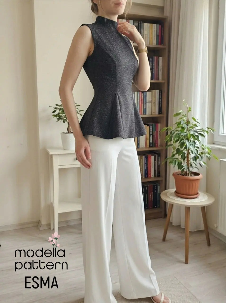 Esma Peplum Top Sewing Pattern PDF | Sizes EU XS-4XL | Stretch Knit Fitted Top with Mock Neck