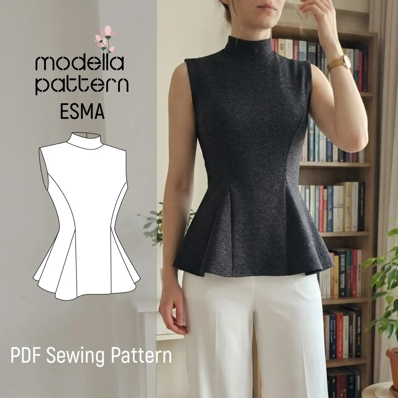 Esma Peplum Top Sewing Pattern PDF | Sizes EU XS-4XL | Stretch Knit Fitted Top with Mock Neck