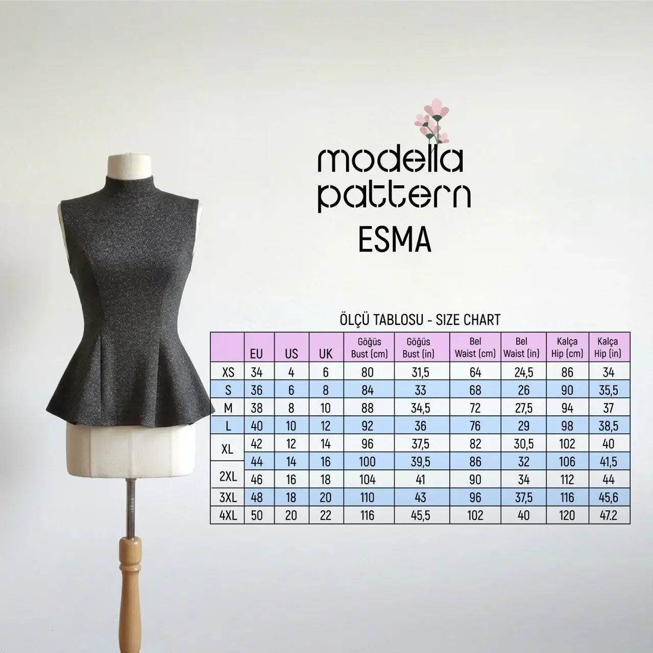 Esma Peplum Top Sewing Pattern PDF | Sizes EU XS-4XL | Stretch Knit Fitted Top with Mock Neck