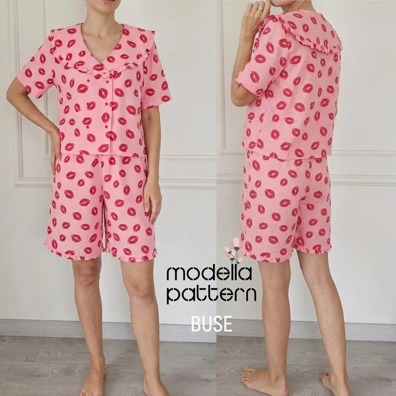 BUSE Pajama Top Sewing Pattern PDF, Romantic Statement Ruffle Collar Sleepwear, Wrap Front Lounge Top DIY, Size 34-52 (EU)