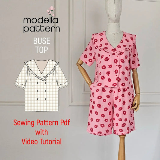 BUSE Pajama Top Sewing Pattern PDF, Romantic Statement Ruffle Collar Sleepwear, Wrap Front Lounge Top DIY, Size 34-52 (EU)