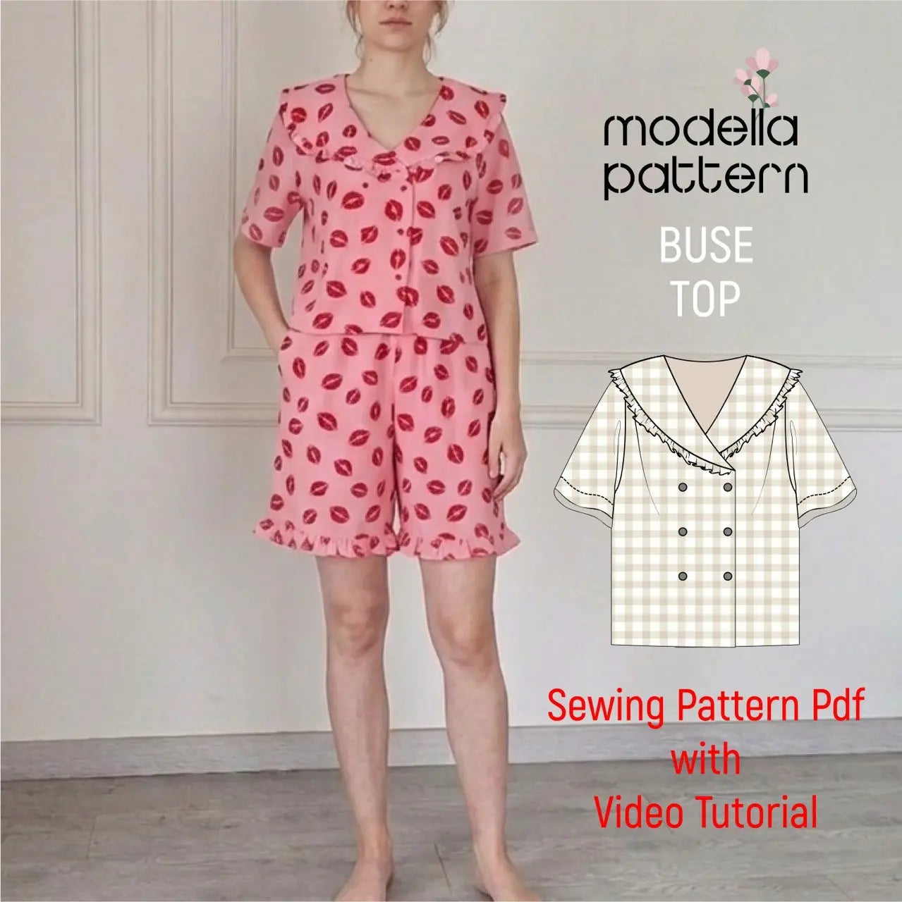 BUSE Pajama Top Sewing Pattern PDF, Romantic Statement Ruffle Collar Sleepwear, Wrap Front Lounge Top DIY, Size 34-52 (EU)