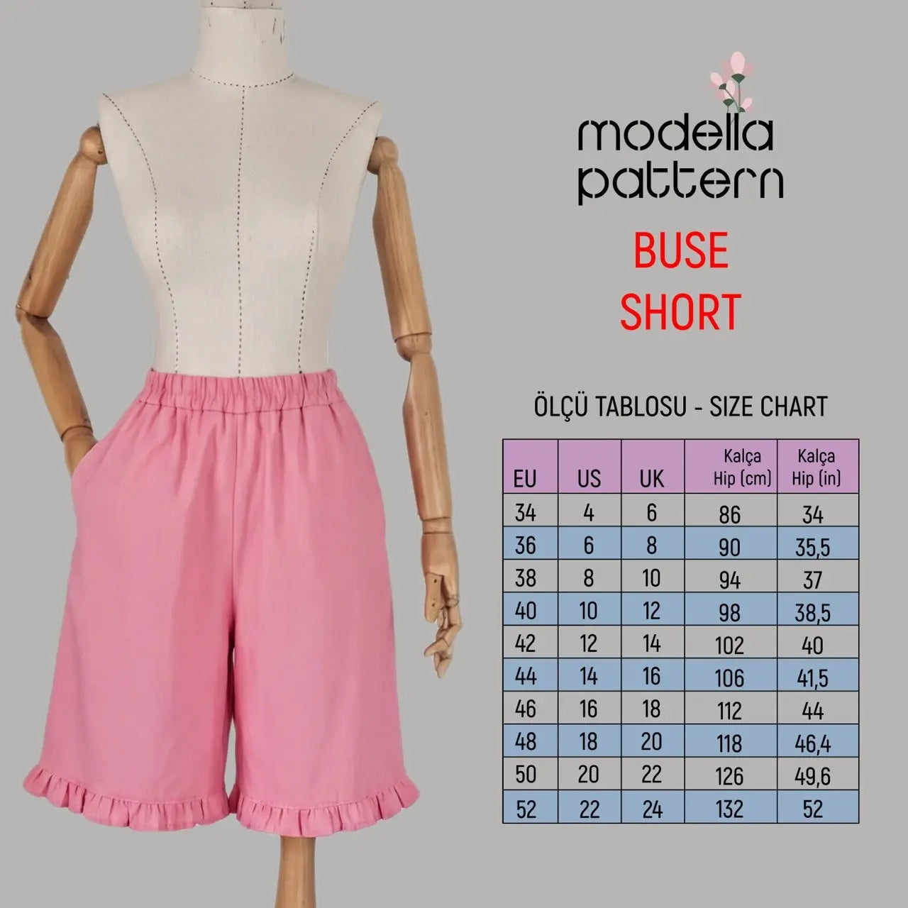 BUSE Shorts Sewing Pattern PDF, Romantic Ruffle Hem Lounge Shorts, Elastic Waist Sleep Shorts DIY, Size 34-52 (EU)