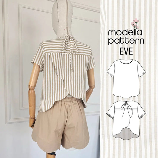 EVE Blouse Sewing Pattern PDF, Sweet Summer Scalloped Hem Top, Back Yoke Detail Blouse DIY