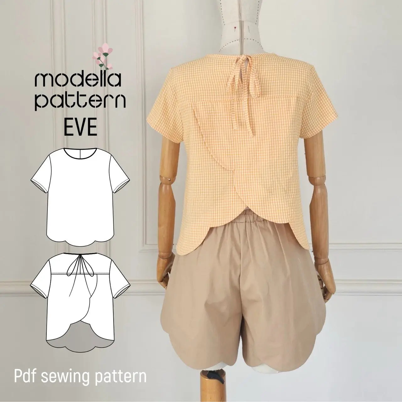 EVE Blouse Sewing Pattern PDF, Sweet Summer Scalloped Hem Top, Back Yoke Detail Blouse DIY