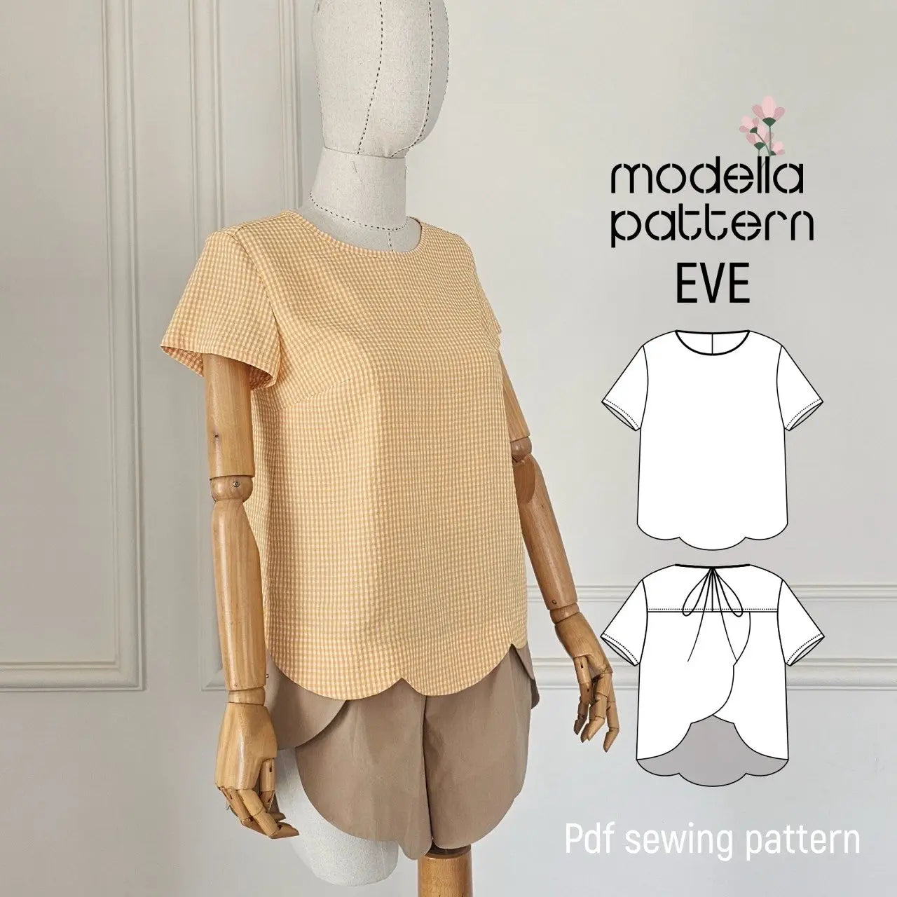 EVE Blouse Sewing Pattern PDF, Sweet Summer Scalloped Hem Top, Back Yoke Detail Blouse DIY