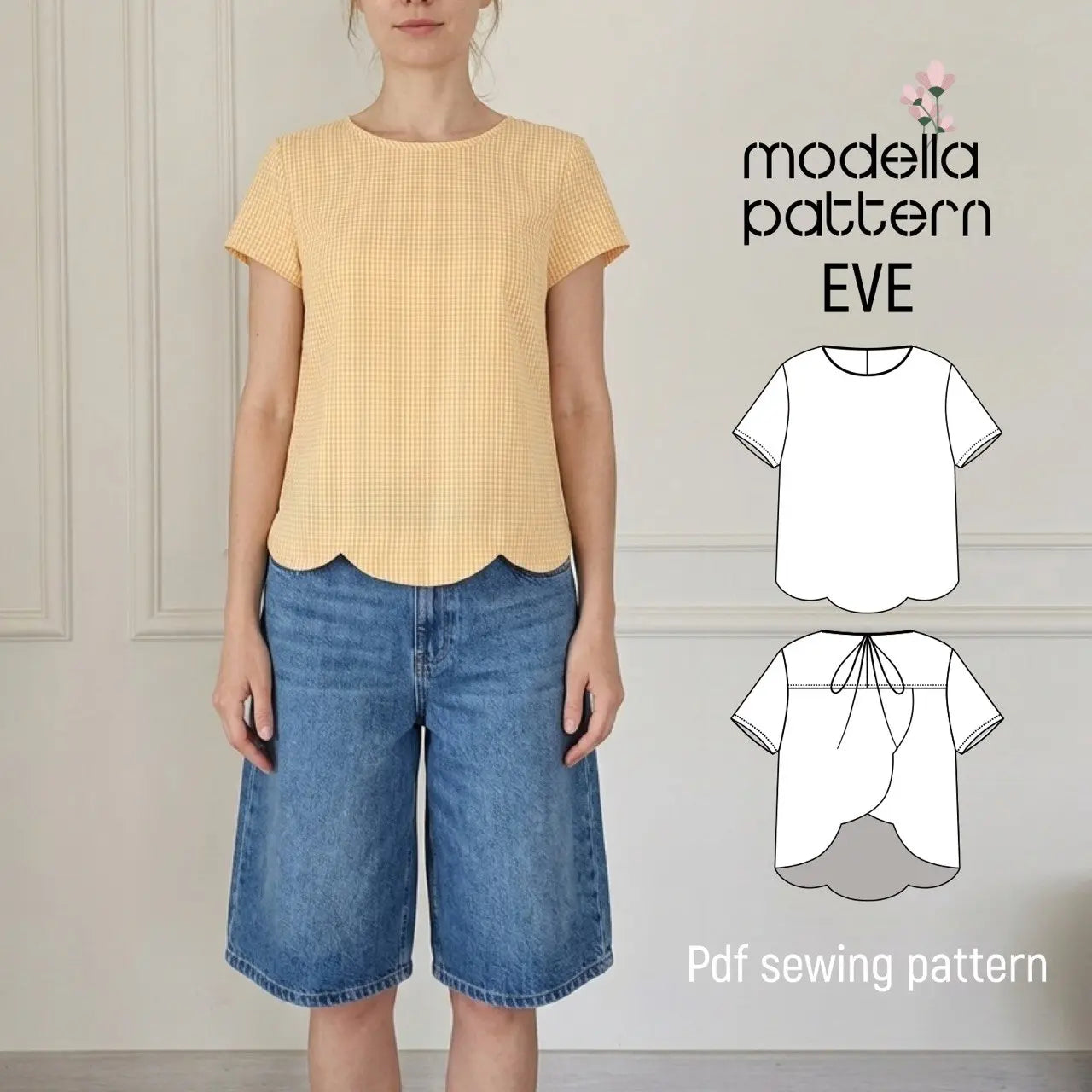 EVE Blouse Sewing Pattern PDF, Sweet Summer Scalloped Hem Top, Back Yoke Detail Blouse DIY