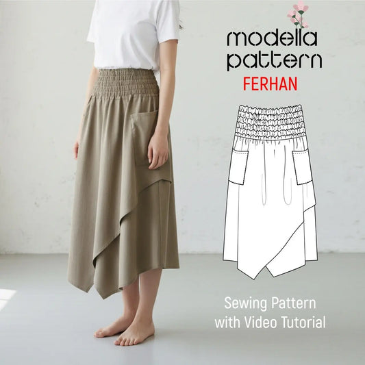 Ferhan Asymmetric Skirt Sewing Pattern PDF (S–XL) | Elastic Waist Skirt