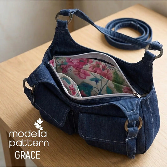 GRACE Shoulder Bag Sewing Pattern PDF, Double Front Pocket Denim Handbag DIY, Lined Zip-Top Purse Pattern, A0-A4-US Letter