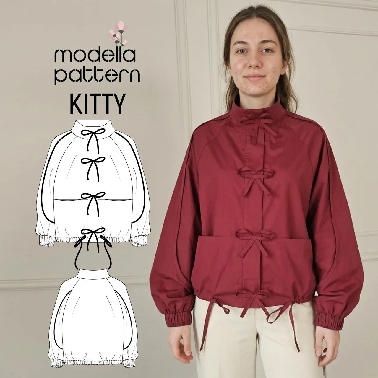 KITTY Raglan Jacket Sewing Pattern PDF, Unlined Casual Spring Jacket DIY with Piping Details, Welt Pockets & Elastic Cuffs, Sizes S-2XL