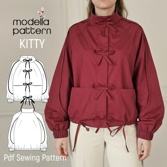KITTY Raglan Jacket Sewing Pattern PDF, Unlined Casual Spring Jacket DIY with Piping Details, Welt Pockets & Elastic Cuffs, Sizes S-2XL
