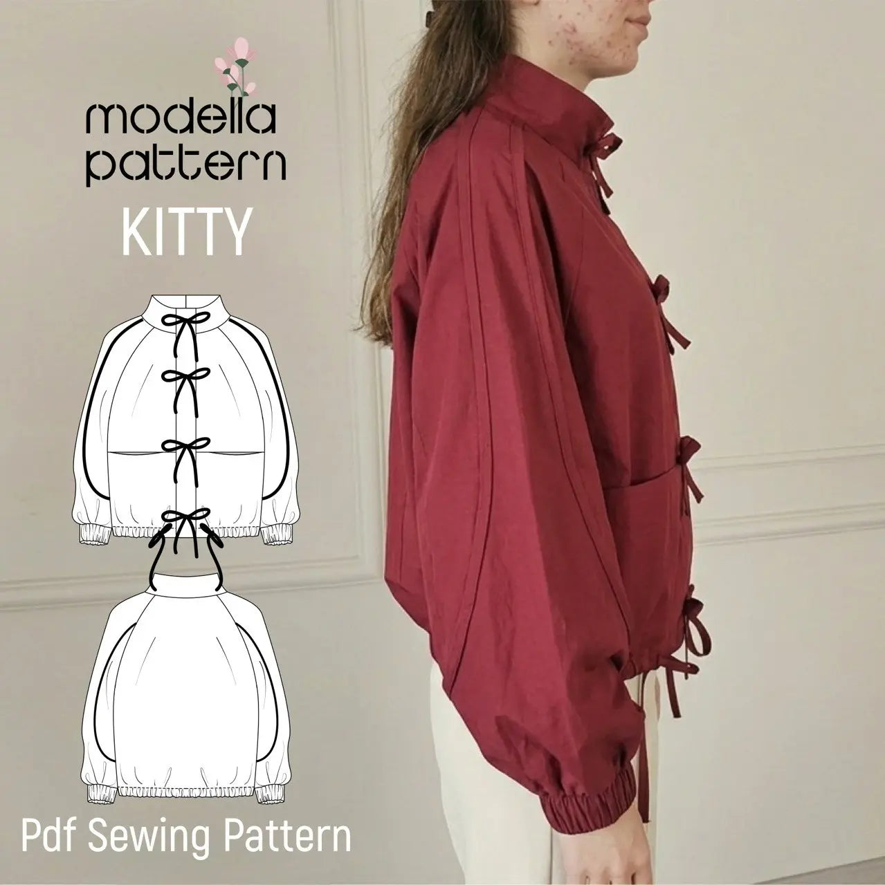 KITTY Raglan Jacket Sewing Pattern PDF, Unlined Casual Spring Jacket DIY with Piping Details, Welt Pockets & Elastic Cuffs, Sizes S-2XL