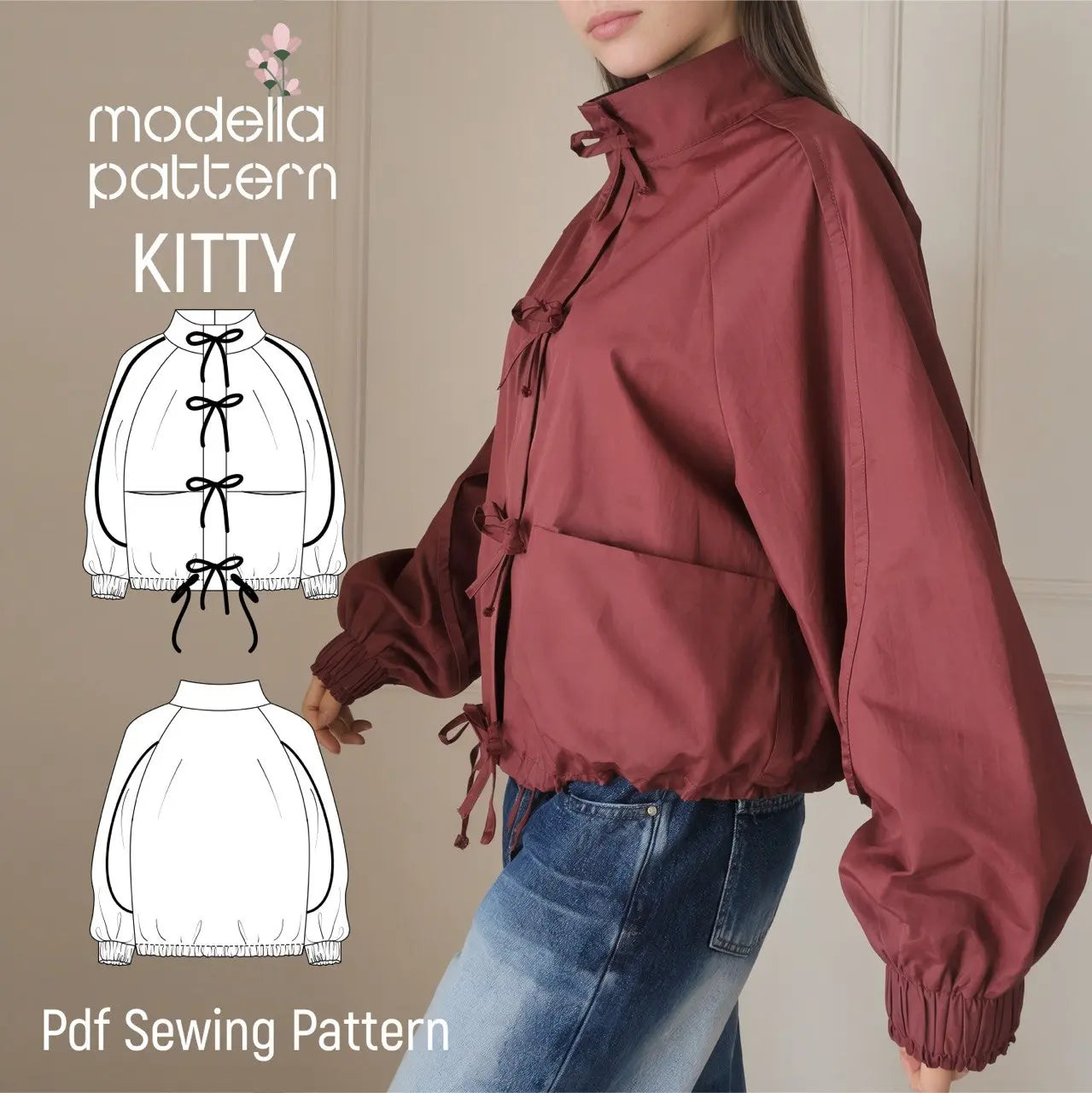 KITTY Raglan Jacket Sewing Pattern PDF, Unlined Casual Spring Jacket DIY with Piping Details, Welt Pockets & Elastic Cuffs, Sizes S-2XL