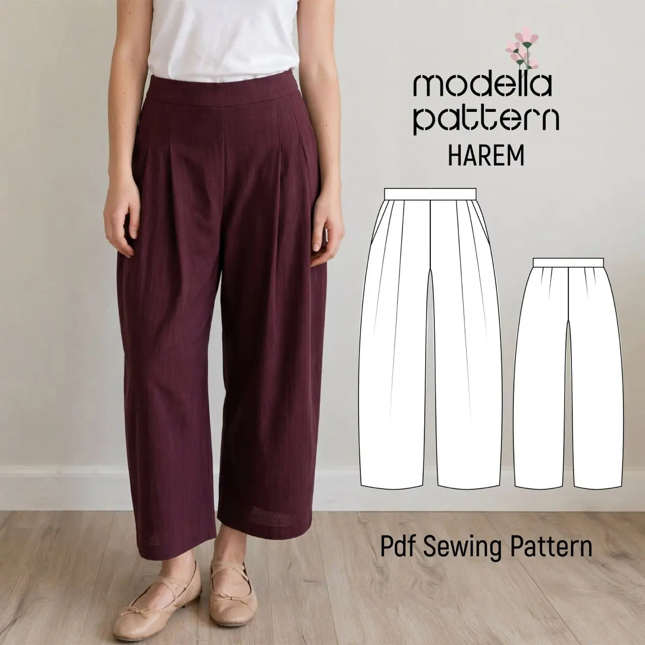 Harem Pants PDF Sewing Pattern – Pleated Wide-Leg Trousers with Side Pockets & Hidden Zipper (Sizes 36–44)