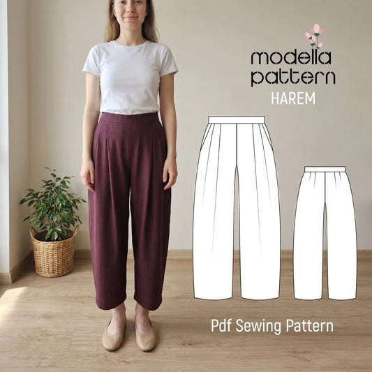 Harem Pants PDF Sewing Pattern – Pleated Wide-Leg Trousers with Side Pockets & Hidden Zipper (Sizes 36–44)